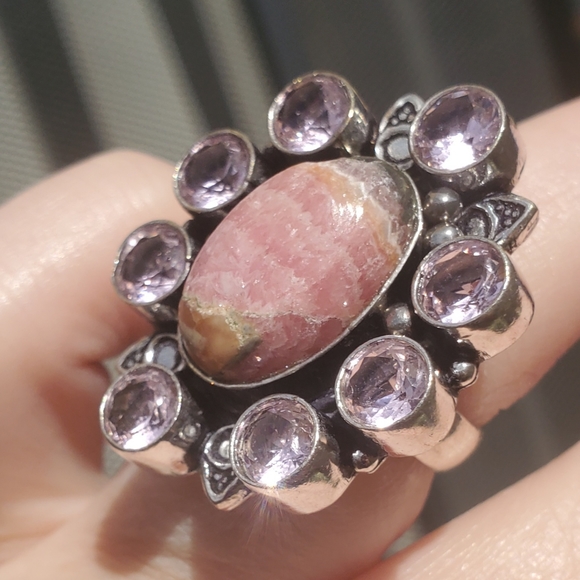 New Oversized Rhodochrosite & Kunzite 925 Silver Statement Ring. - Picture 1 of 14